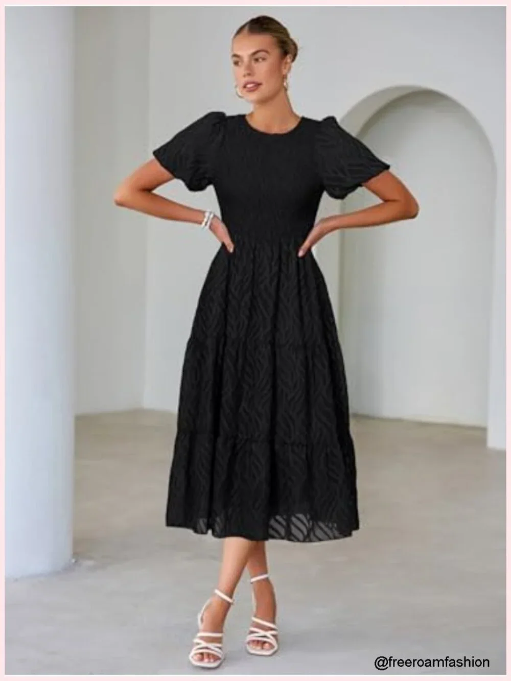 Chiffon Midi Dress Smocked Crewneck A-Line Tiered Short Sleeve